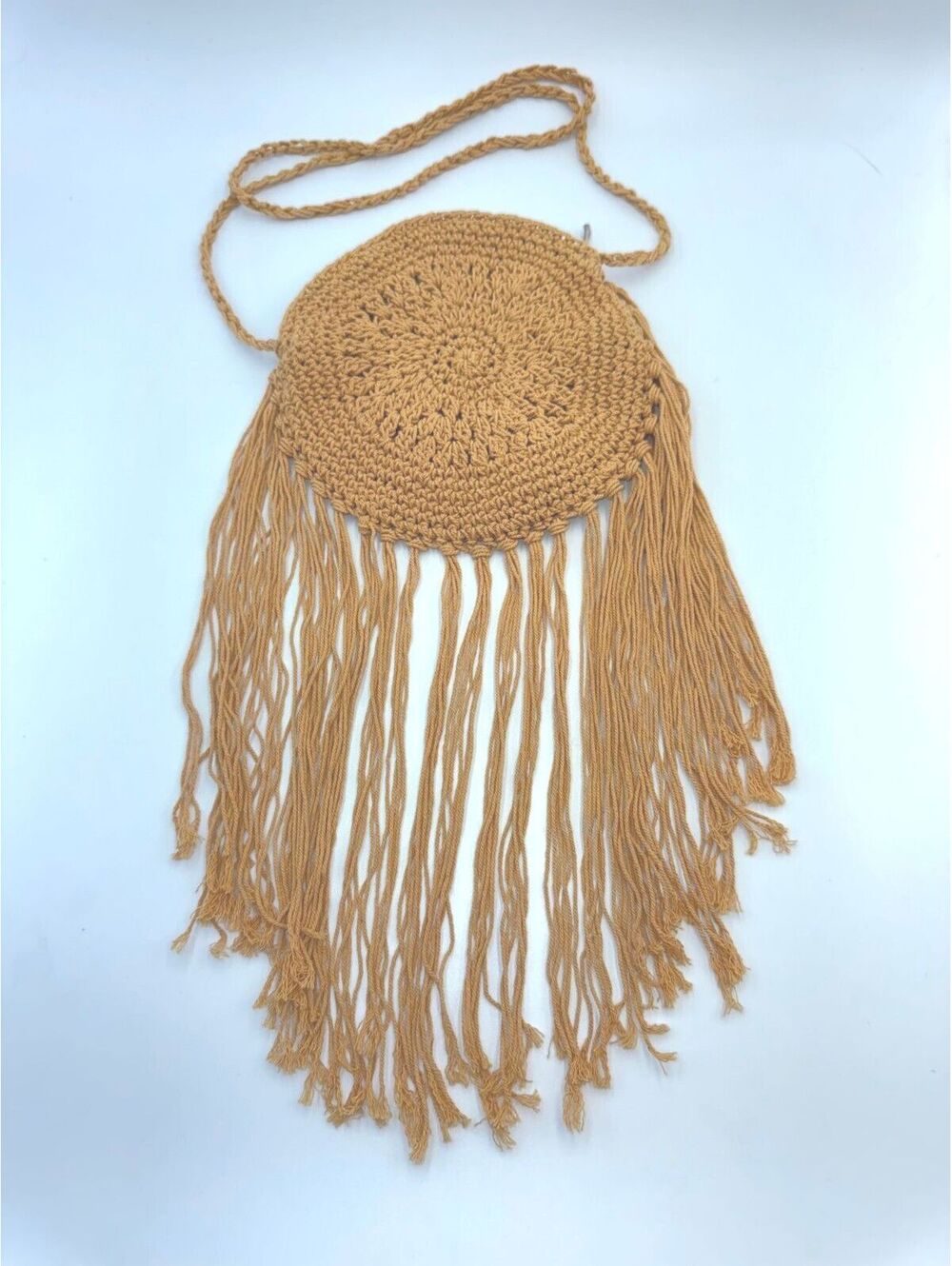 Boho Round Tan Crocheted Fringe Crossbody Bag New